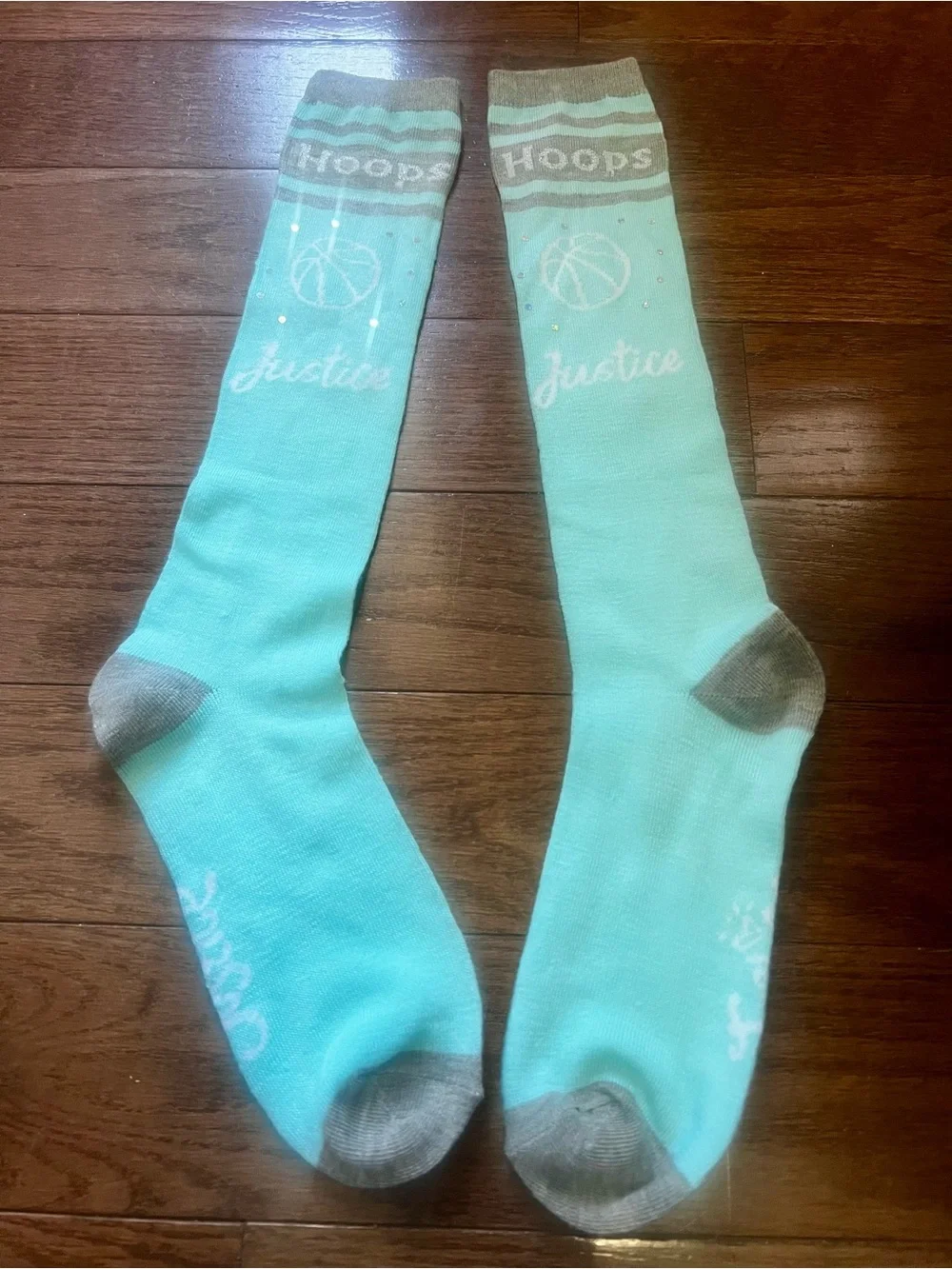 Justice Turquoise and Gray 'Hoops' Knee High Socks